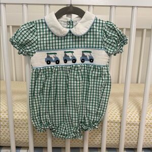 Green Checkered Bubble with Golf Cart Smocking
